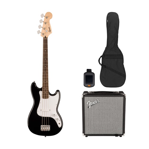 Squier Sonic Bronco Bass Guitar Bundle w/White Pickguard, Laurel FB, Black