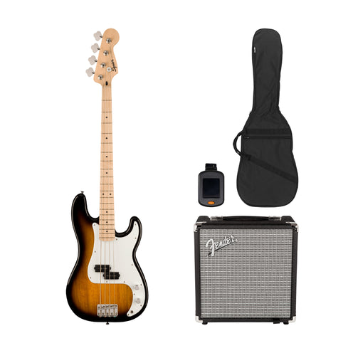 Squier Sonic Precision Bass Guitar Bundle w/White Pickguard, Maple FB, 2-Color Sunburst