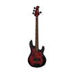 Sterling by Music Man Ray34 Poplar Burl Top 4-String Bass Guitar, Dark Scarlet Burst Satin