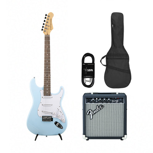 Congress CST150 LR SSS Electric Guitar, Sonic Blue w/ Fender Frontman 10G Bundle