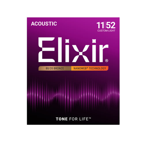 Elixir 11027 Nanoweb 80/20 Bronze Acoustic Guitar Strings, Custom Light, 11-52