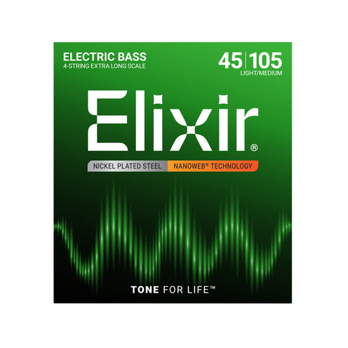 Elixir 14087 Nanoweb Medium/Extra Long Scale 4-String Electric Bass Strings 045-105