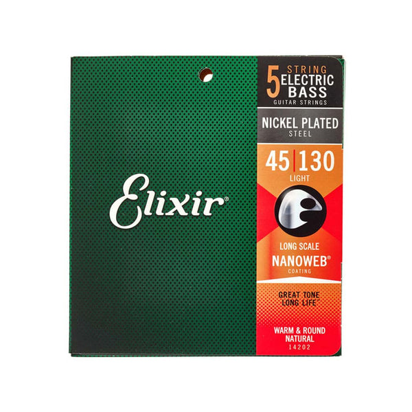 Elixir 14202 Nanoweb Light Long Scale 5-String Bass Strings 45-130 ...