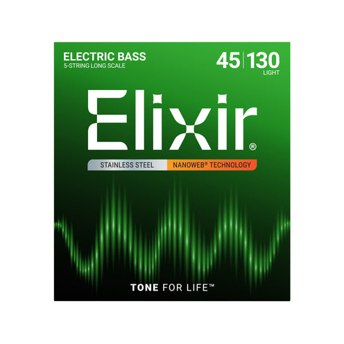 Elixir 14777 Nanoweb Med w/ Light B Long Scale Stainless Steel 5-String Electric Bass Strings 45-130