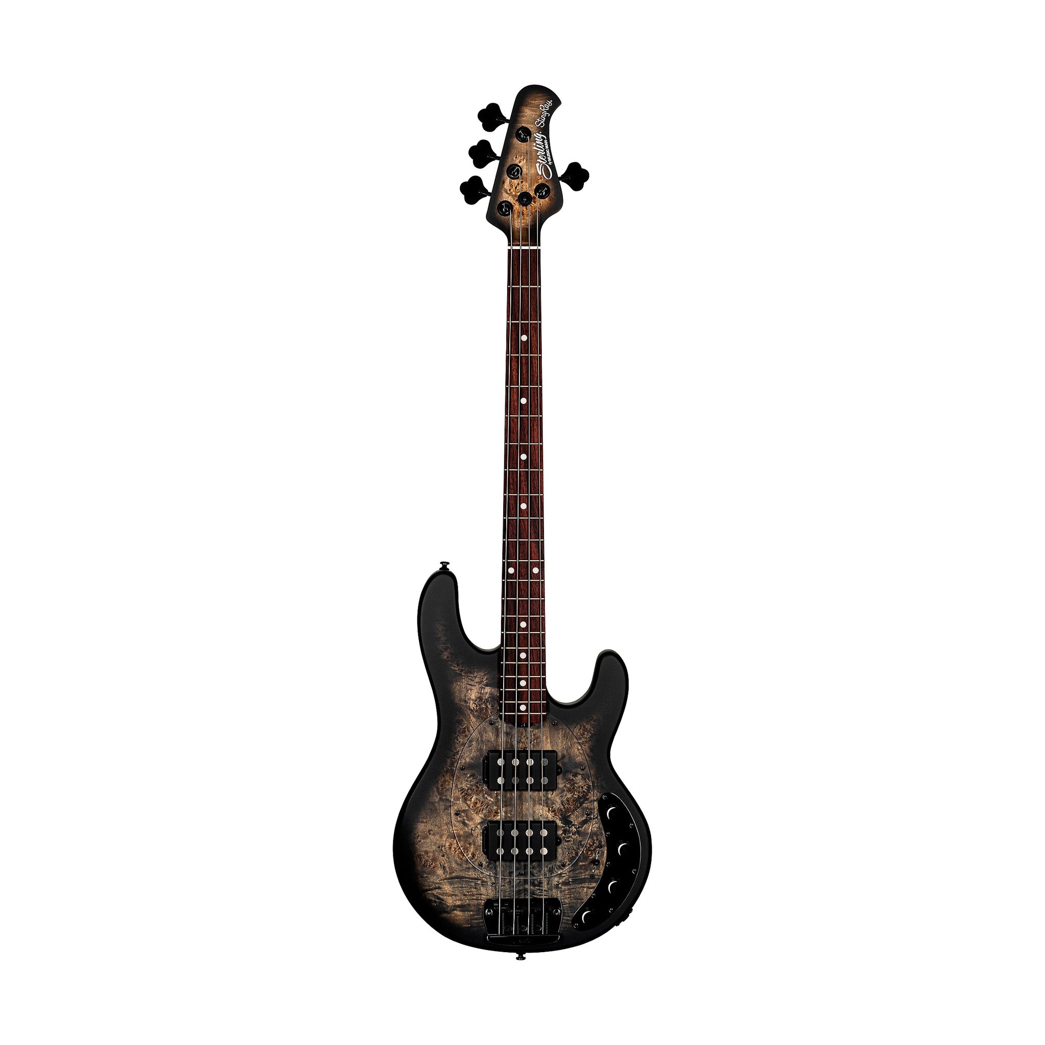 Sterling by Music Man Ray34 HH Poplar Burl Top Bass Guitar, Trans Black Satin