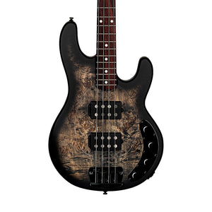 Sterling by Music Man Ray34 HH Poplar Burl Top Bass Guitar, Trans Black Satin