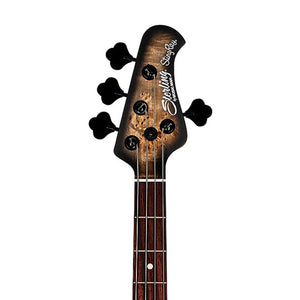 Sterling by Music Man Ray34 HH Poplar Burl Top Bass Guitar, Trans Black Satin
