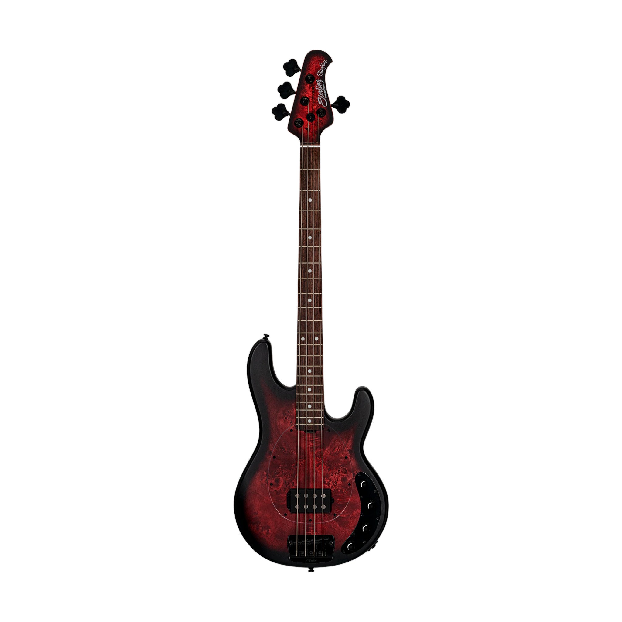 Sterling by Music Man Ray34 Poplar Burl Top 4-String Bass Guitar, Dark Scarlet Burst Satin