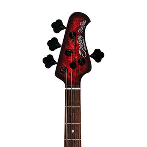 Sterling by Music Man Ray34 Poplar Burl Top 4-String Bass Guitar, Dark Scarlet Burst Satin