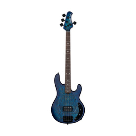 Sterling by Music Man Ray34 Poplar Burl Top 4-String Bass Guitar, Neptune Blue Satin